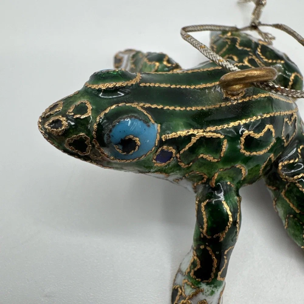 Vintage Cloisonné Enamel Frog Ornament Figurine Green & Gold Decorative Frog